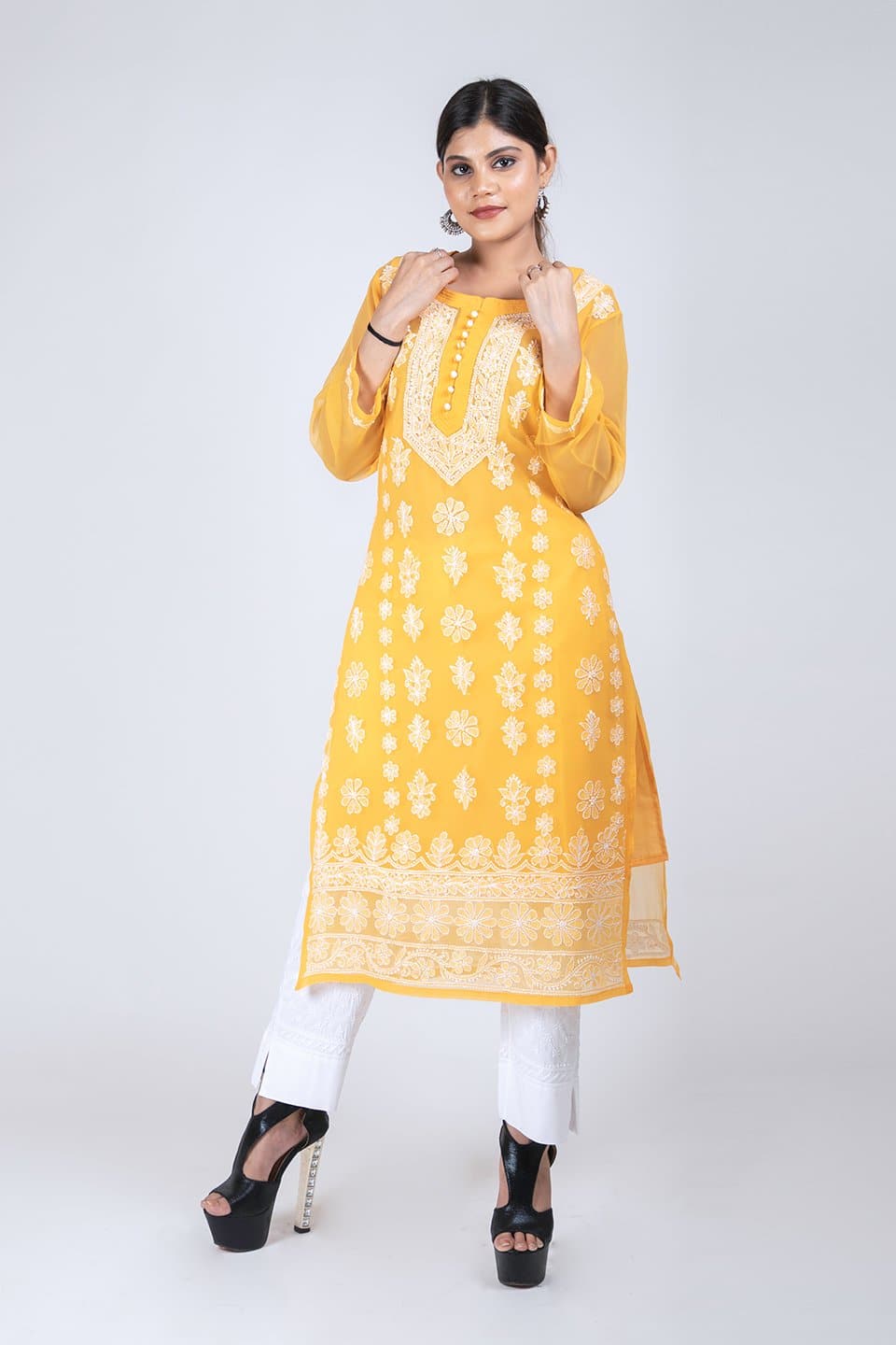 Wlosea Fashion Georgette Chiffon Chikan Embroidery yellow stitched Only  Kurti - Seamore - 4035573